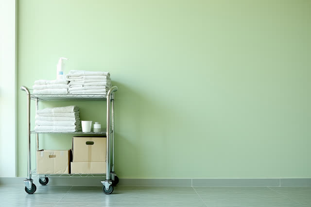 A small community clinic supply alcove after restocking, empty of people, with no readable medical labels, laundry appli