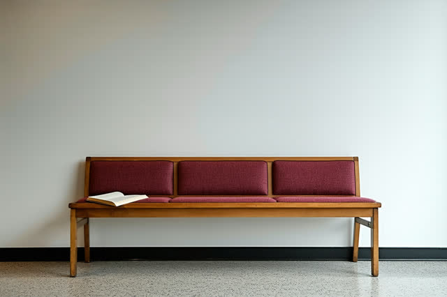 A modest rehearsal lobby after an afternoon practice, empty of people, with no readable program text, reading nook repet