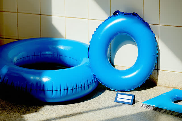 A public pool equipment room after closing, empty of people, with no readable text, laundry towels, pool changing bench,