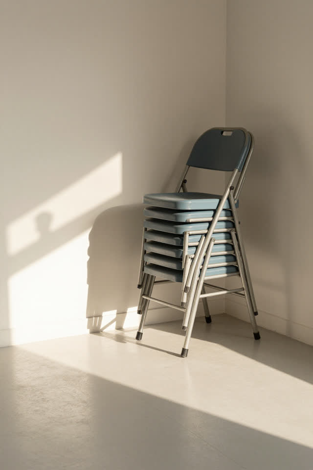 A sunlit community hall storage corner after a meeting, empty of people, with no readable signs, cage repetition, ambigu