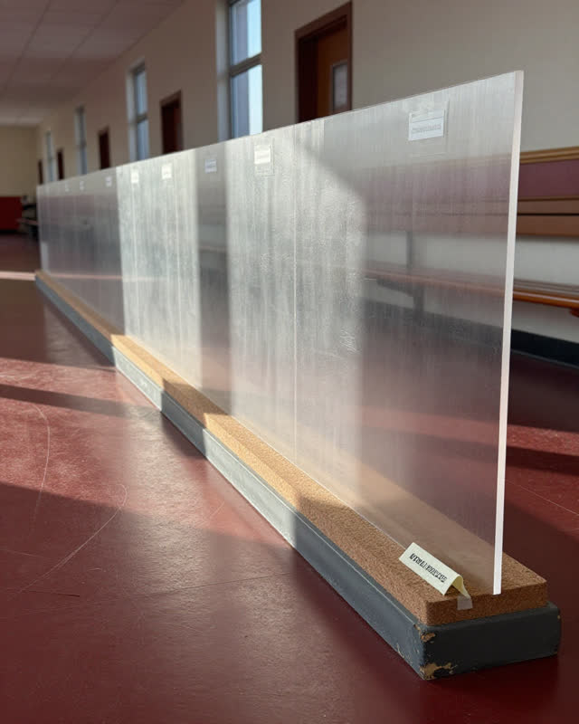A school hallway trophy-display base after cleaning, empty of people and with no trophies present, with no readable plaq