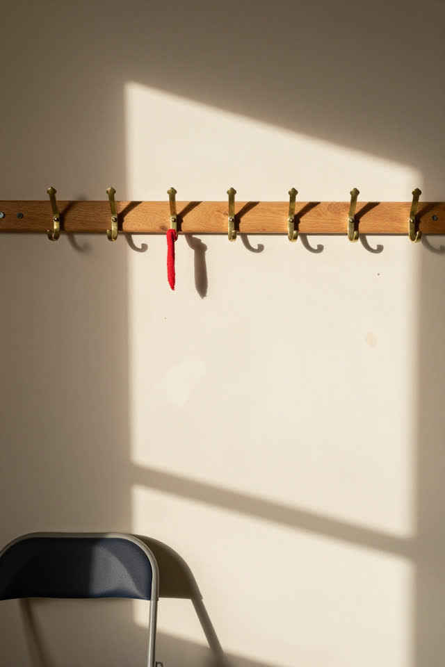 A community room cloak alcove after everyone has gone, empty of people and coats, with no readable signs, cage repetitio