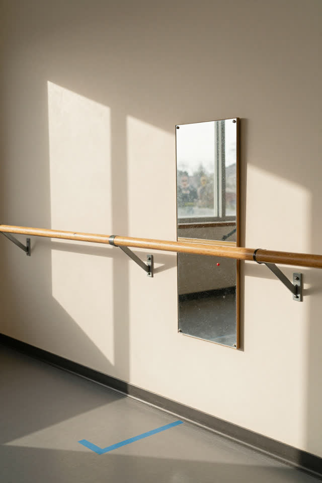 A community dance studio side wall after practice, empty of people, with no readable text, animal shadows, coat hooks, c