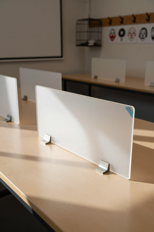 A public wayfinding workshop bench with blank frosted acrylic sign blanks, empty of people, with no readable text, cork