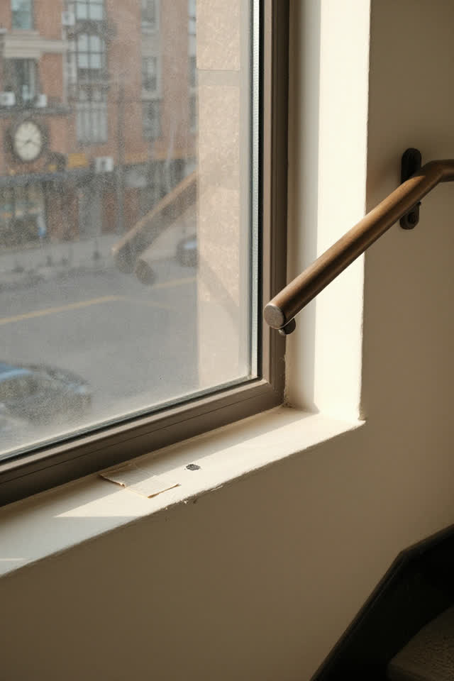 A civic stair window ledge with cloudy safety glass and an oxidized bronze handrail nearby, empty of people, with no rea
