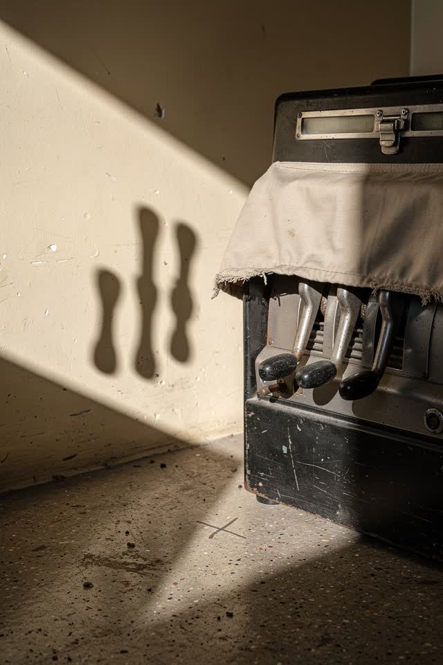 Old voting-machine storage without ballots, readable labels, screens, flags, or political signage, empty of people, with