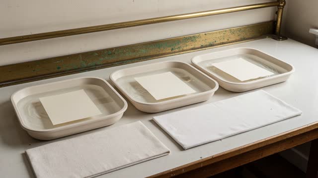 A clean conservation wash table in an old civic archive workroom, empty of people, with no readable labels, no archive b