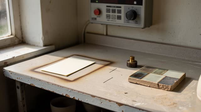 A public ceramics kiln control nook after firing, empty of people, with no readable labels, no rows of pottery, no drama