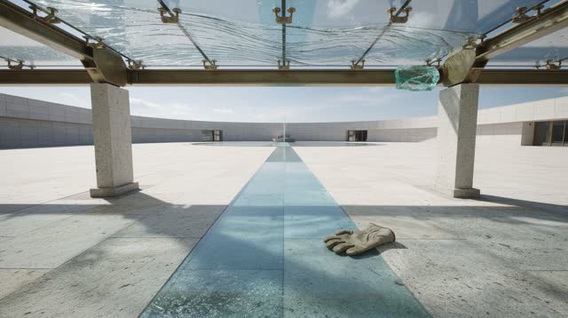 A quiet civic courtyard under a repaired glass canopy, empty of people, with no readable signs, no mystical portal, no p