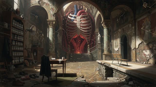 An atmospheric interior landscape shaped by heartbeat, daily, historical, with visual cues of signal map, empty station,