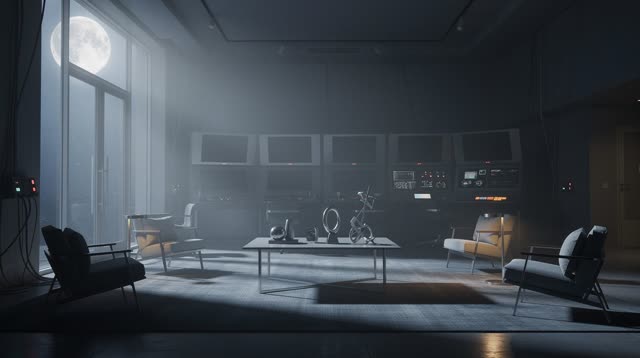 An atmospheric interior landscape shaped by progress, home, internal, with visual cues of control room, after-action cal
