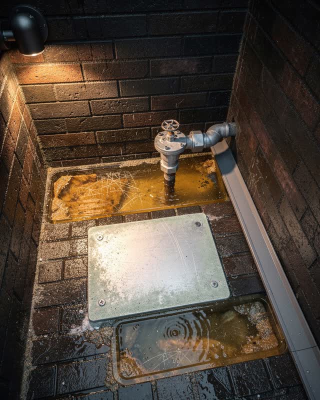 A public fountain pump alcove without pool-room equipment, aquarium spectacle, or decorative statuary, empty of people,