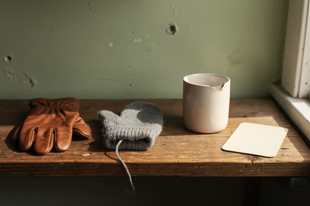A small community-center lost-and-found shelf near a side window, empty of people, with no readable tags, no hidden melo