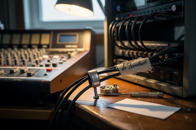 A community radio station cable bay beside an old mixing desk, empty of people, with no readable labels, no random tool