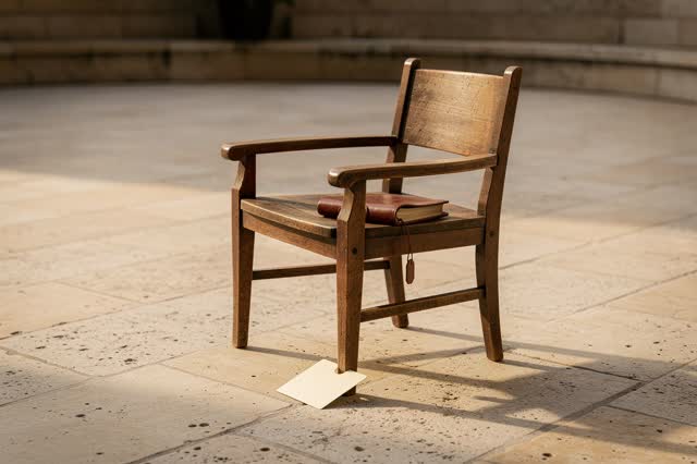 A small public reading courtyard after a clear afternoon, empty of people, with no readable text, no shelf of small obje