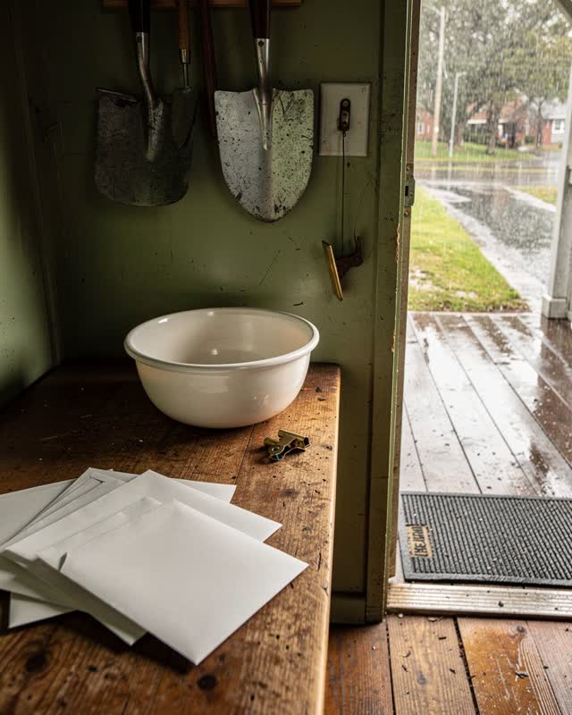 A neighborhood seed-library workroom opening onto a small rain porch, empty of people, with no readable labels, no archi