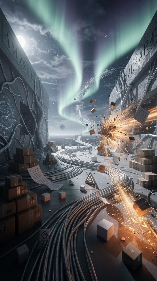 A symbolic cinematic scene shaped by completed, items, orders, with visual cues of control room, telemetry horizon, netw