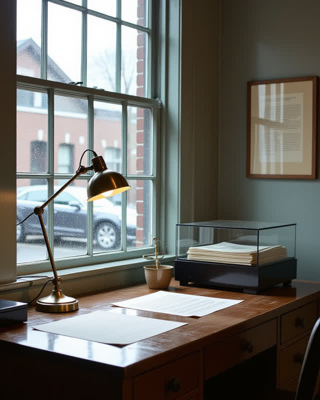 A civic archive intake room with a rain-damp receiving table beside a service window, empty of people, with no readable