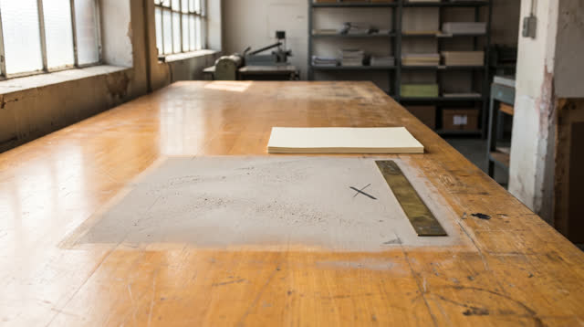 A municipal print room after a public form run, empty of people, with no readable text, no office showroom neatness, no