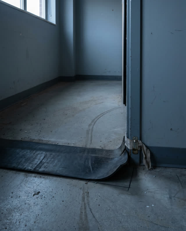 A public library loading threshold between an archive cart room and a service corridor, empty of people, with no readabl