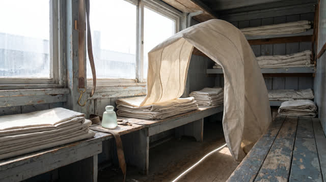 A ferry maintenance locker with clean folded sailcloth and old painted wood, empty of people, with no readable labels, n