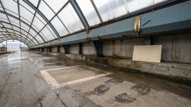 An outdoor-adjacent covered transit canopy maintenance bay after rain, empty of people, with no readable signage, no fer