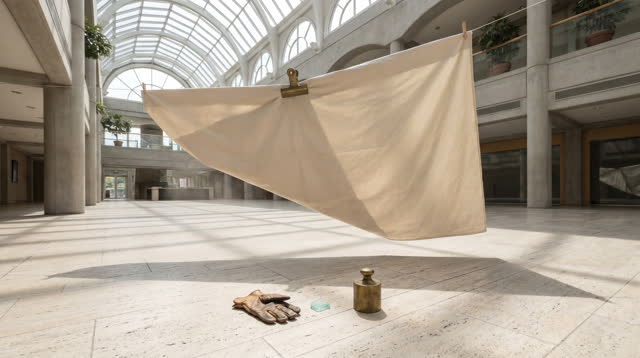 A civic atrium prepared for daylight maintenance, empty of people, with no readable signs, no paper trays, no mystical p