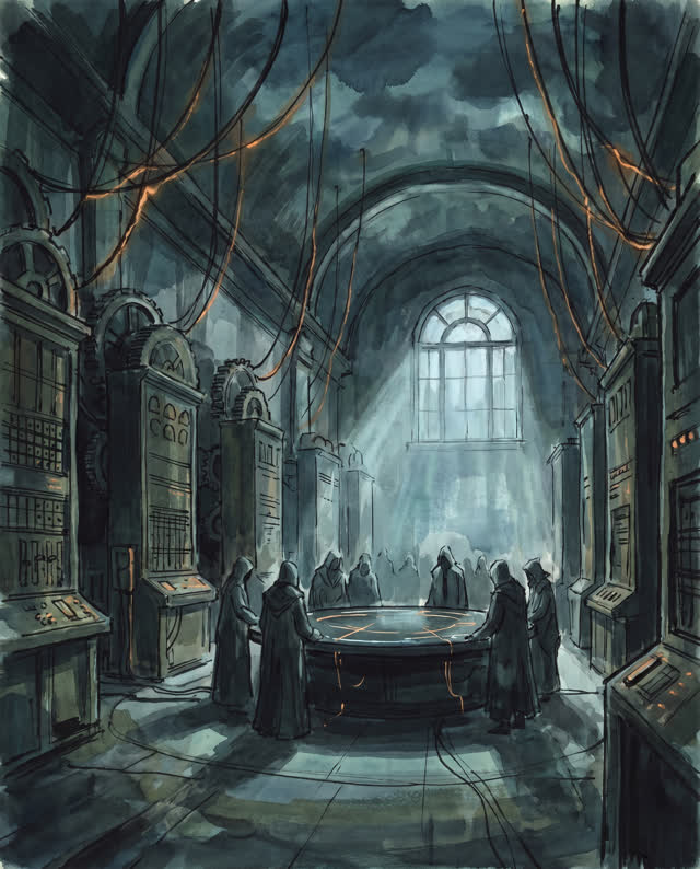 An atmospheric interior landscape shaped by status, stopped, trading, with visual cues of network weather, switchboard g