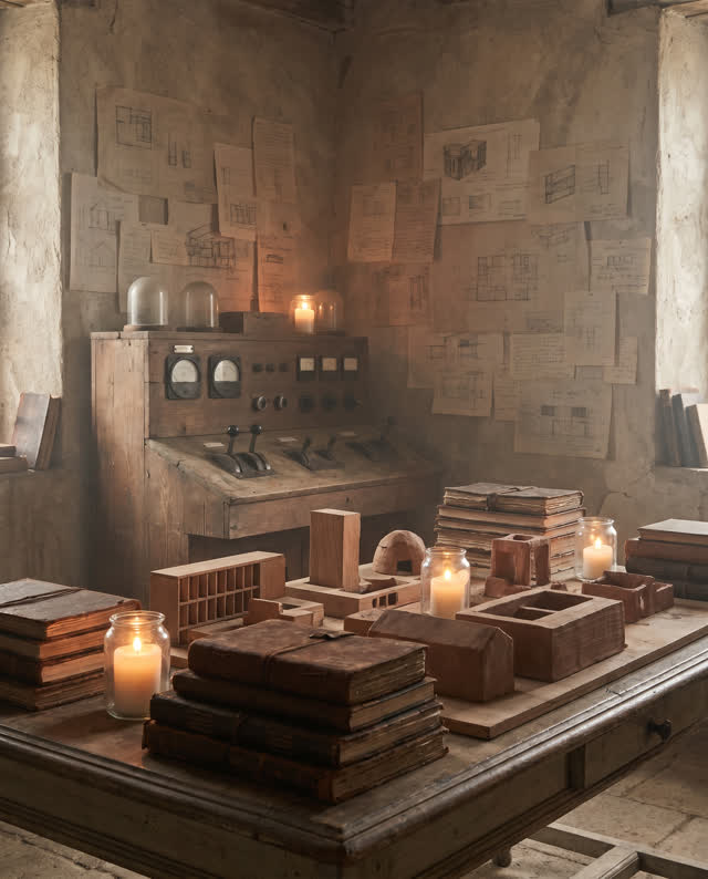 An atmospheric interior landscape shaped by model, moved, outside, with visual cues of stacked journals, control room, p