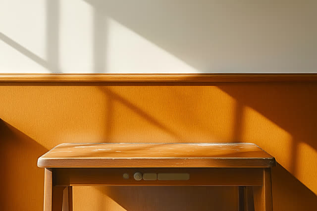 A library listening carrel without headphones, radio booth, screens, or readable media, empty of people, with no readabl