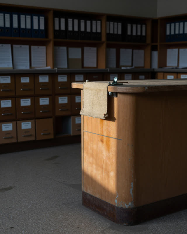 A civic permit handoff alcove without readable forms, counters full of paper, ticket signage, or office showroom neatnes