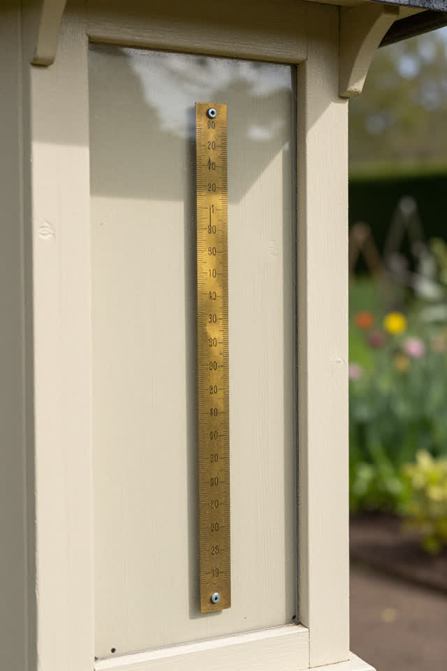 A public garden weather kiosk with a rain gauge and measuring ruler, empty of people, with no readable labels, no extra-