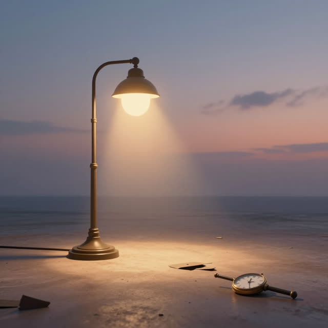 A single striking composition shaped by loss, messaging, missing, with visual cues of late lamp glow, watch floor, prese