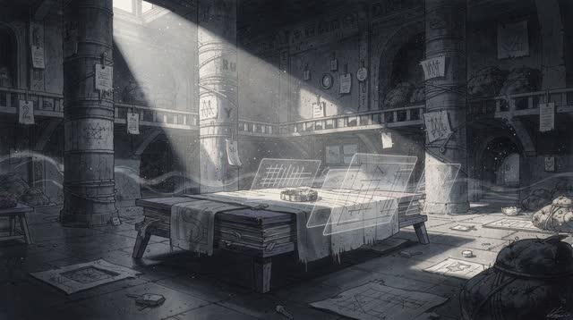 An atmospheric interior landscape shaped by change, check, checked, with visual cues of control room, stacked journals,