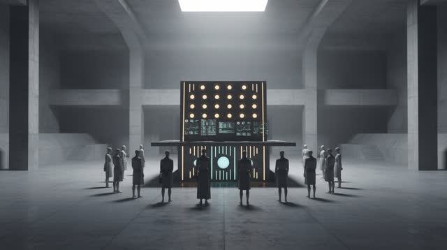 A surreal but emotionally coherent tableau shaped by public, labels, process, with visual cues of switchboard glow, cont