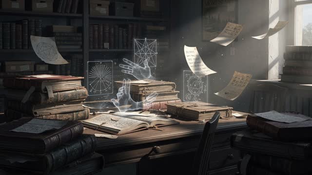 A surreal but emotionally coherent tableau shaped by keeping, ledgers, legacy, with visual cues of ghost diagrams, kept
