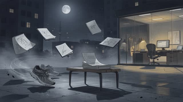 A surreal but emotionally coherent tableau shaped by resume, running, started, with visual cues of hushed plaza, night o