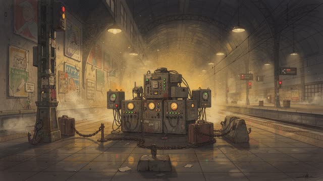 A surreal but emotionally coherent tableau shaped by against, alert, anchors, with visual cues of empty station, switchb