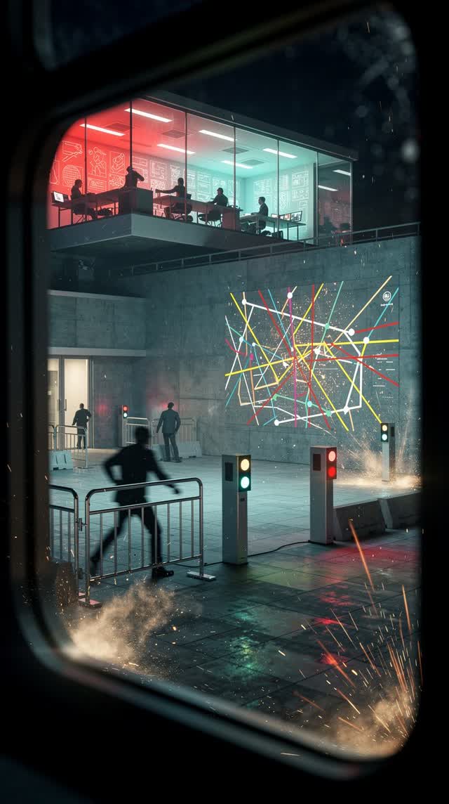 A surreal but emotionally coherent tableau shaped by window, checkpoint, checkpoints, with visual cues of hushed plaza,