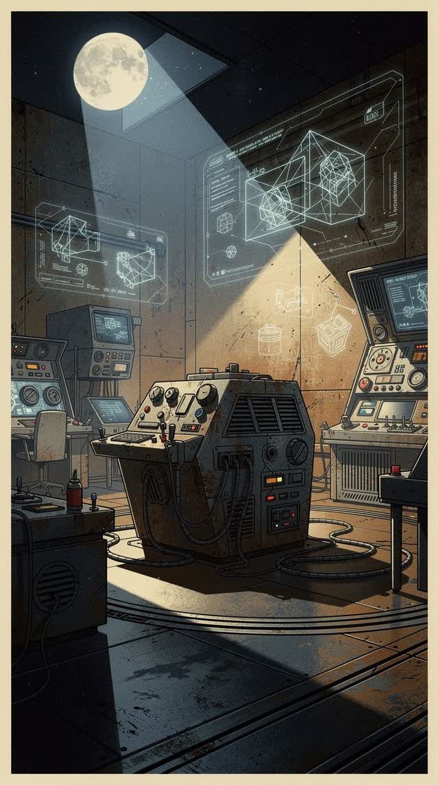 A single striking composition shaped by artifacts, durable, jerry, with visual cues of preserved traces, control room, g