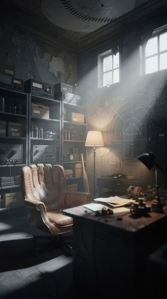 An atmospheric interior landscape shaped by baseball, callsign, cold-archive, with visual cues of late lamp glow, ghost