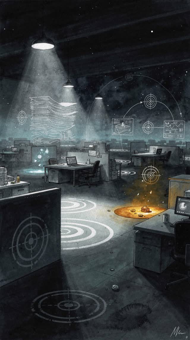 An atmospheric interior landscape shaped by targets, task, treat, with visual cues of night office, ghost diagrams, tele