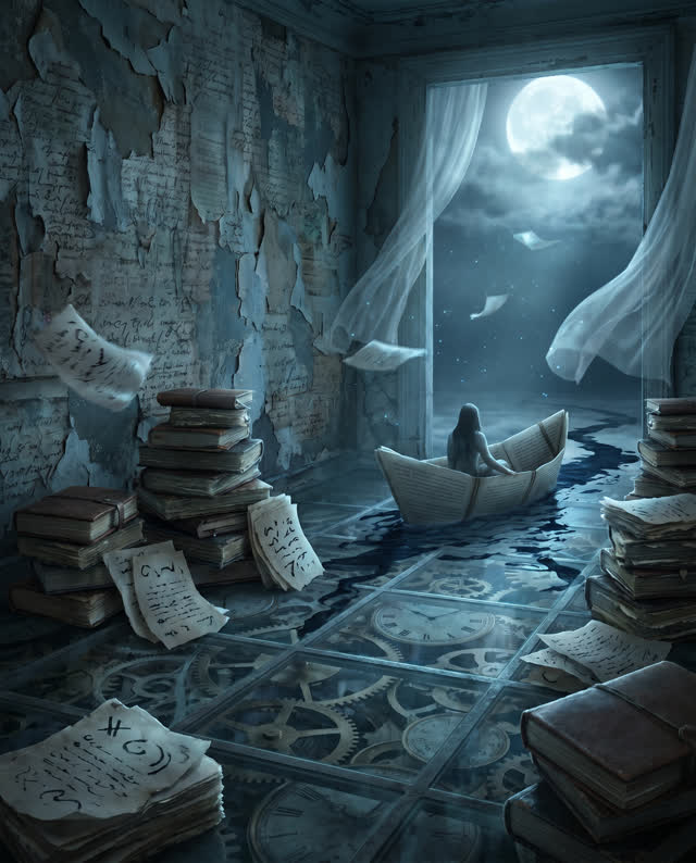 A surreal but emotionally coherent tableau shaped by updated, wake, written, with visual cues of palimpsest walls, kept