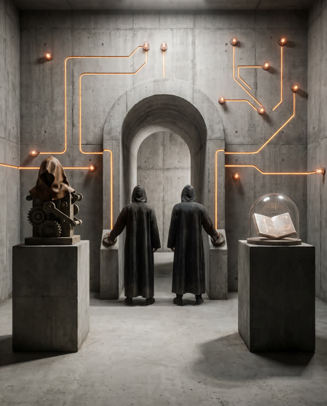 A surreal but emotionally coherent tableau shaped by training, truth, tunnel, with visual cues of switchboard glow, cont