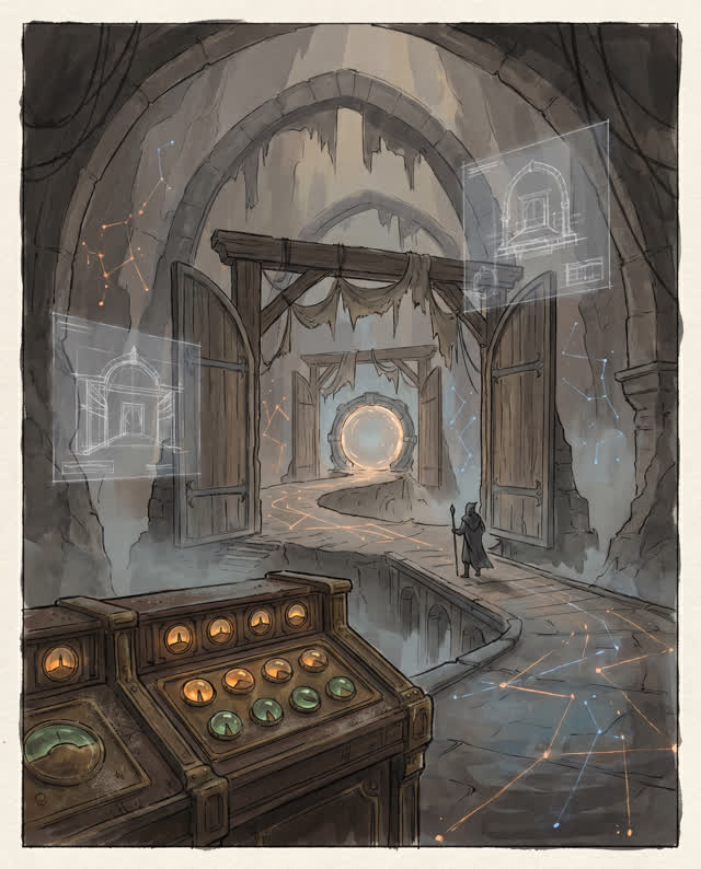 An atmospheric interior landscape shaped by gates, gateway, guidance, with visual cues of switchboard glow, after-action