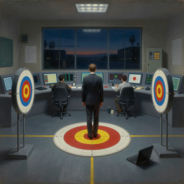 A surreal but emotionally coherent tableau shaped by targets, task, treat, with visual cues of watch floor, control room