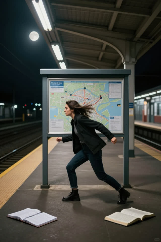 A surreal but emotionally coherent tableau shaped by behavior, both, broad, with visual cues of empty station, signal ma