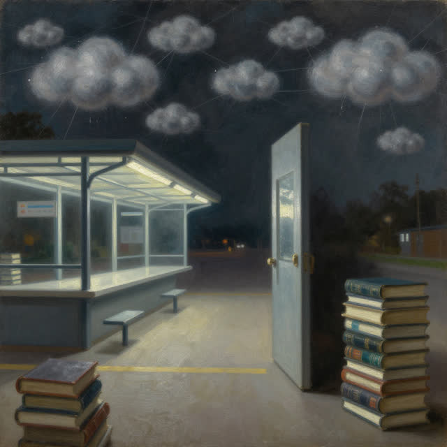 An atmospheric interior landscape shaped by portal, repeated, claiming, with visual cues of network weather, empty stati