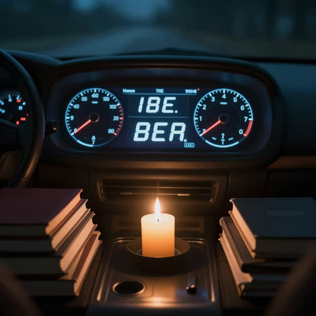 A symbolic cinematic scene shaped by updated, wake, written, with visual cues of silent dashboard, late lamp glow, stack