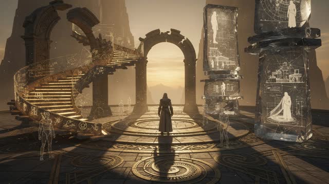 A single striking composition shaped by private, restart, services, with visual cues of hushed plaza, echo archive, ghos